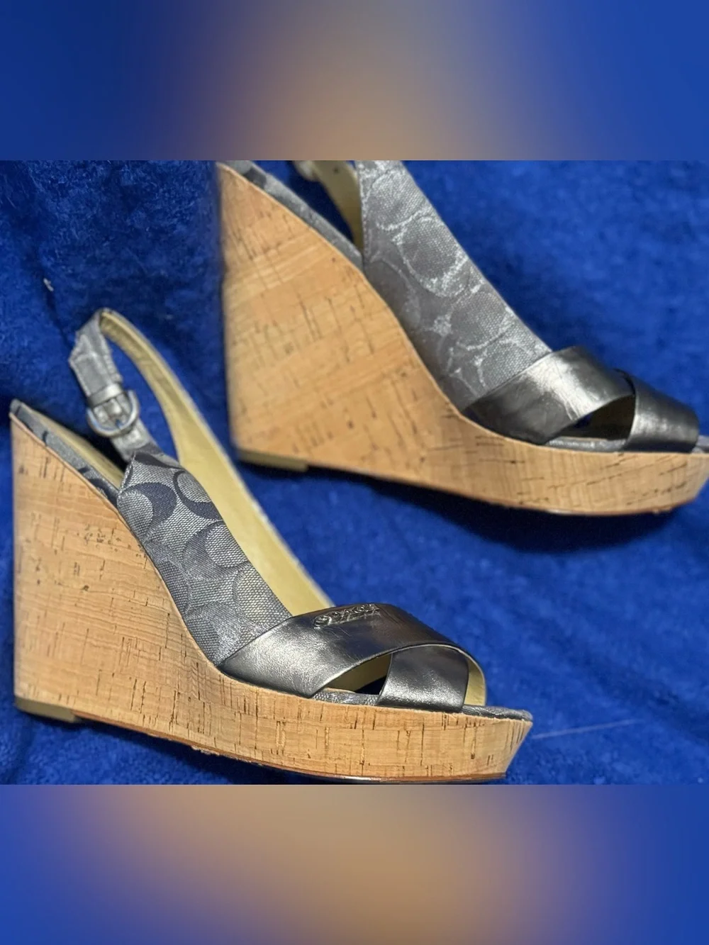 COACH FERRY WEDGES: Metallic Gray Slingback Sandals - Women